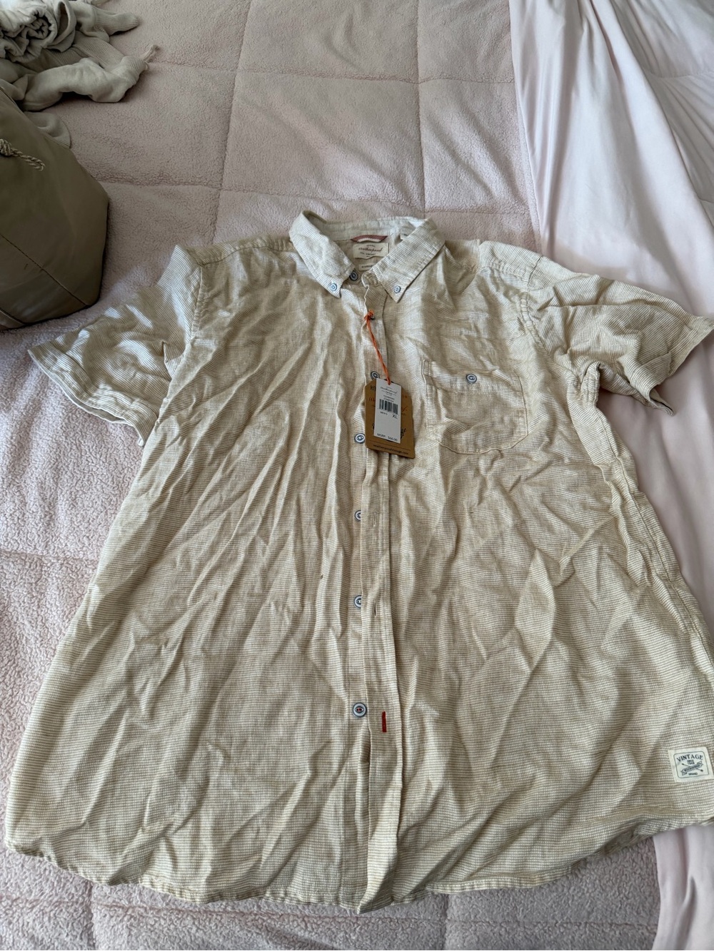 Weatherproof Men's Short-Sleeve linen Button-Down Shirt in Light Cream